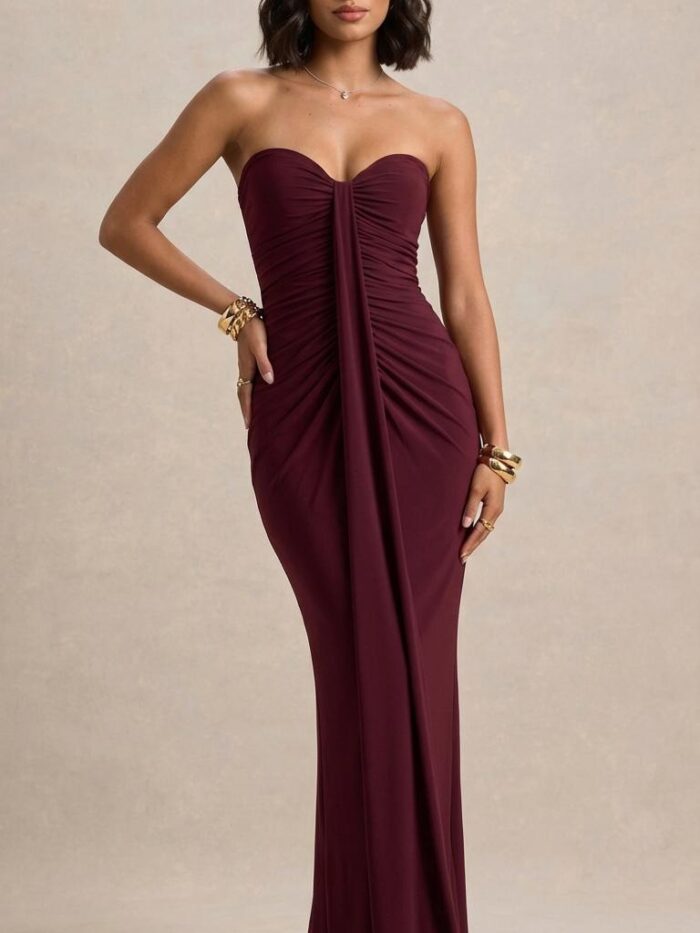 Vestido Maxi Bordeaux Tomara-que-Caia Drapeado Bodycon