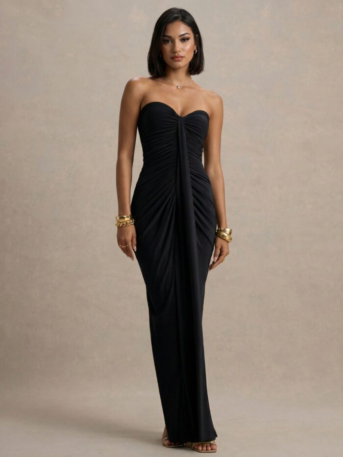 Vestido Maxi Preto Tomara-que-Caia Drapeado Bodycon