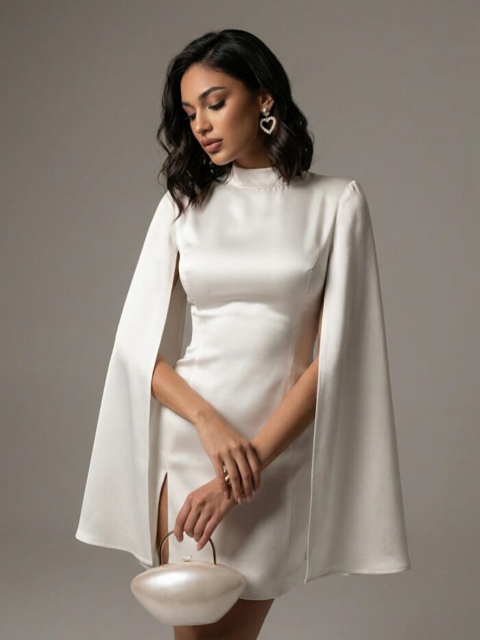 Vestido Mini Branco Acetinado com Capa, Gola Alta e Fenda