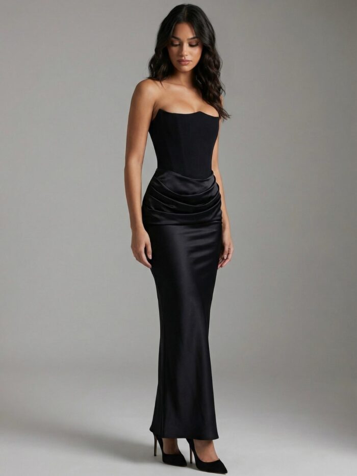 Vestido Maxi Preto Tomara-que-Caia Cetim com Corpete e Drapeado