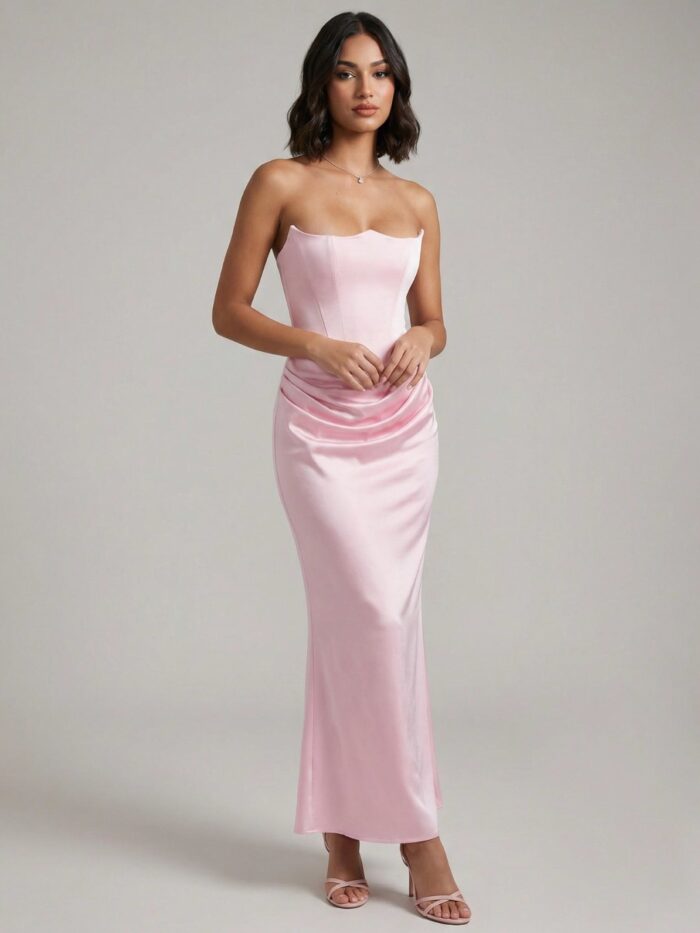 Vestido Maxi Rosa Tomara-que-Caia Cetim com Corpete e Drapeado