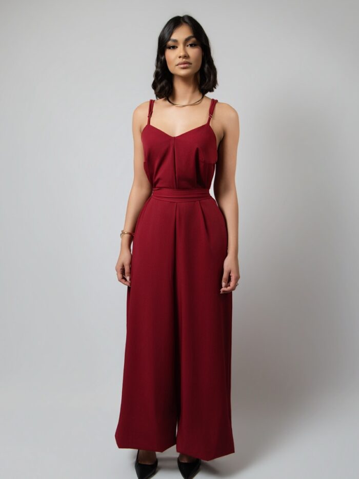 Macacão Burgundy Palazzo: Decote em V + Laço nas Costas + Perna Larga